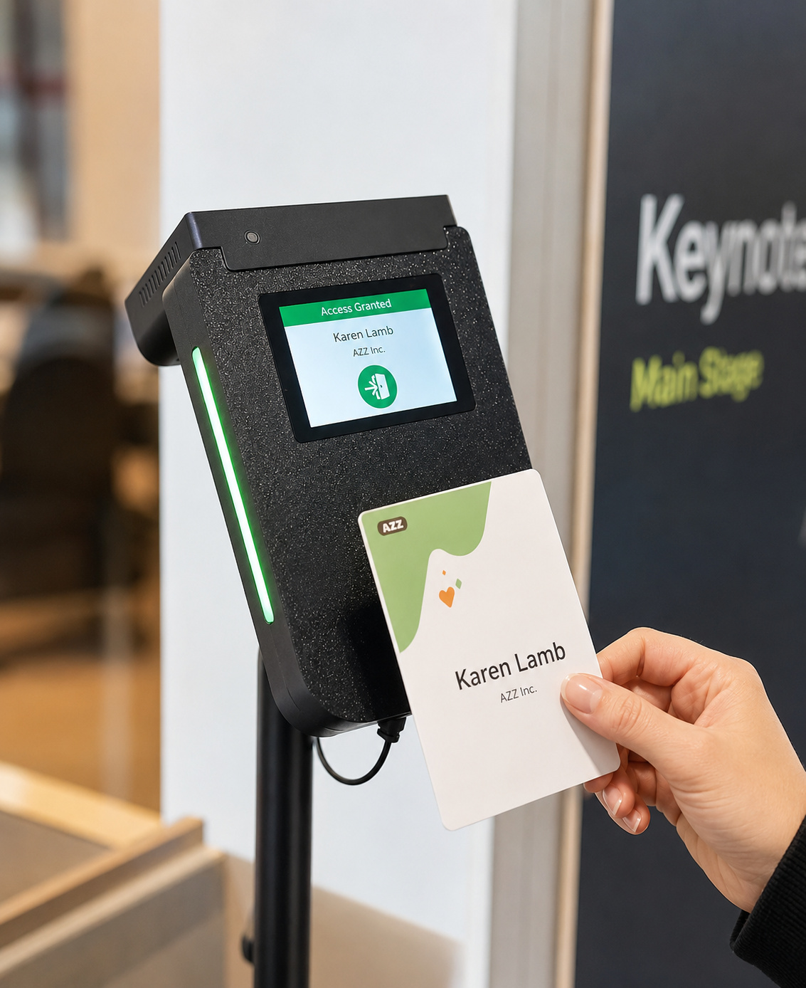Attendee presenting a badge to an RG503 scanner showing a green Granted screen at a keynote entrance